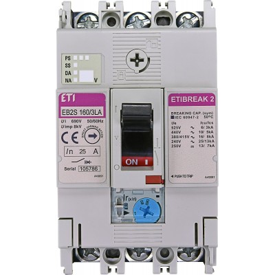 Автоматический выключатель EB2S 160/3LA 100А 3P (16kA регулируемый) ETI 4671883